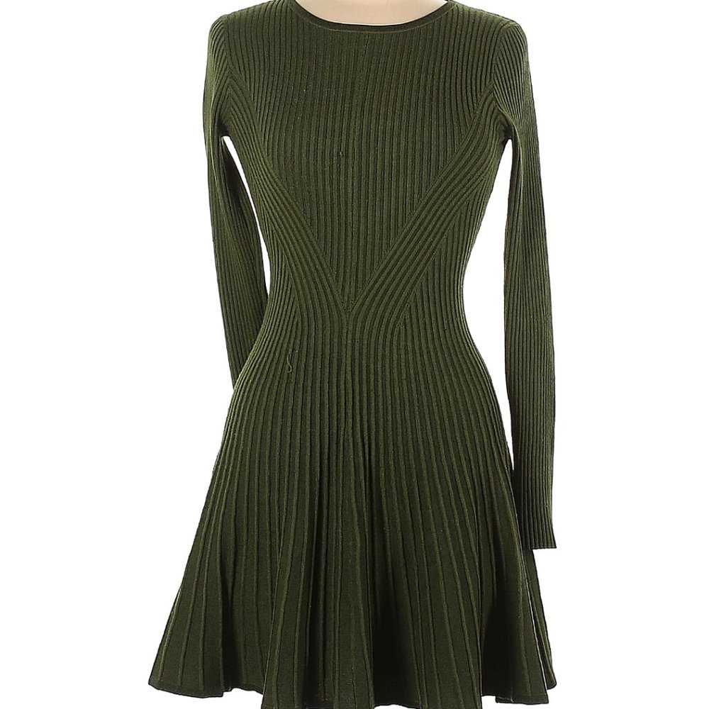 A-Line Crew Neck Mini Green Sweater Dress
